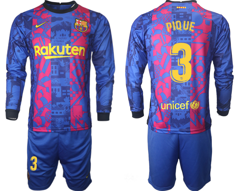 Men 2021-2022 Club Barcelona Second away blue Long Sleeve #3 Soccer Jersey->customized soccer jersey->Custom Jersey